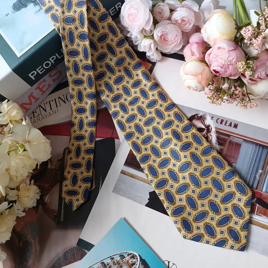 [BUNJANG] Fendi Silk Tie - Yellow Oval Pattern / 펜디 실크 옐로우 오벌 패턴 넥타이 9.2cm A+등급 G28