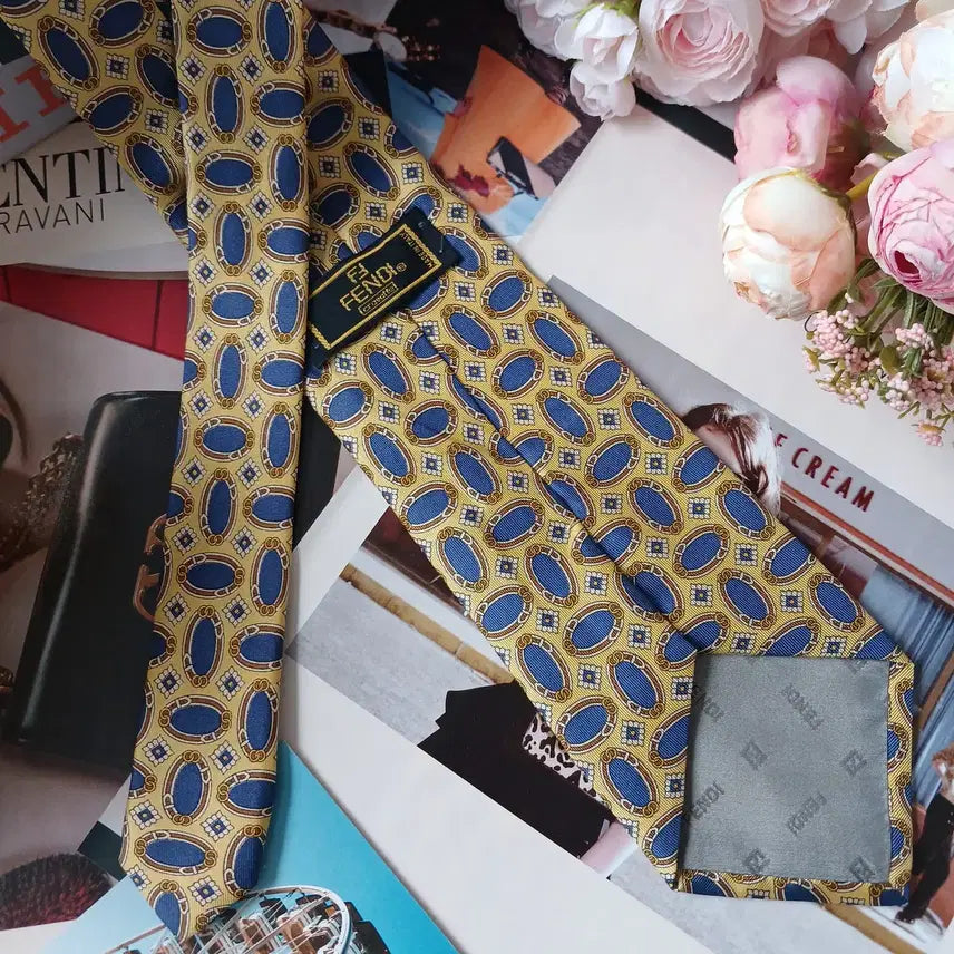 [BUNJANG] Fendi Silk Tie - Yellow Oval Pattern / 펜디 실크 옐로우 오벌 패턴 넥타이 9.2cm A+등급 G28