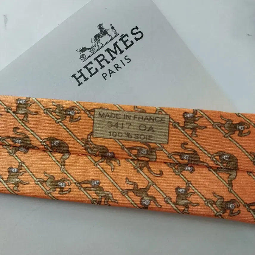 [BUNJANG] Hermes Monkey Motif Silk Tie / 에르메스 오렌지 원숭이 모티브 넥타이 9.5cm A+등급 K2592