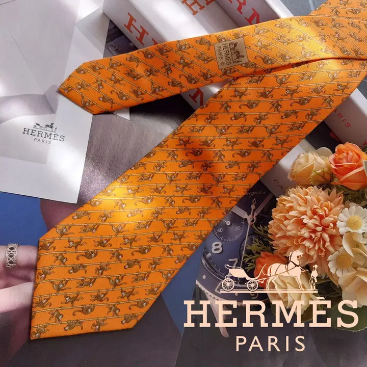 [BUNJANG] Hermes Monkey Motif Silk Tie / 에르메스 오렌지 원숭이 모티브 넥타이 9.5cm A+등급 K2592