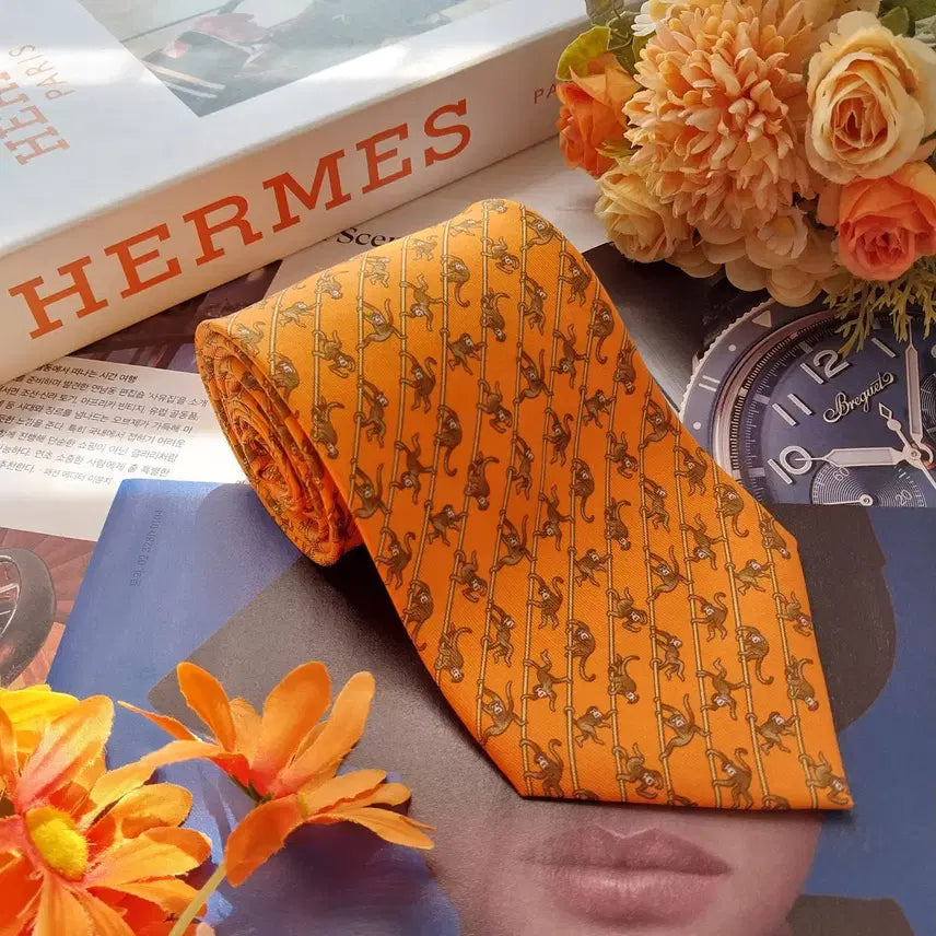 [BUNJANG] Hermes Monkey Motif Silk Tie / 에르메스 오렌지 원숭이 모티브 넥타이 9.5cm A+등급 K2592