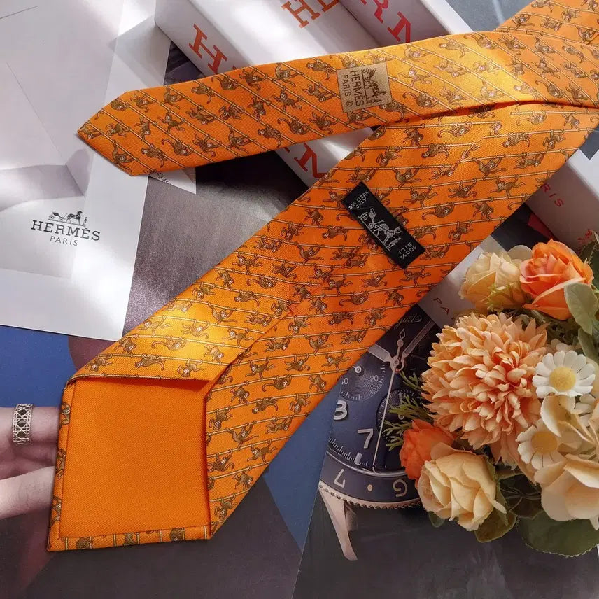 [BUNJANG] Hermes Monkey Motif Silk Tie / 에르메스 오렌지 원숭이 모티브 넥타이 9.5cm A+등급 K2592