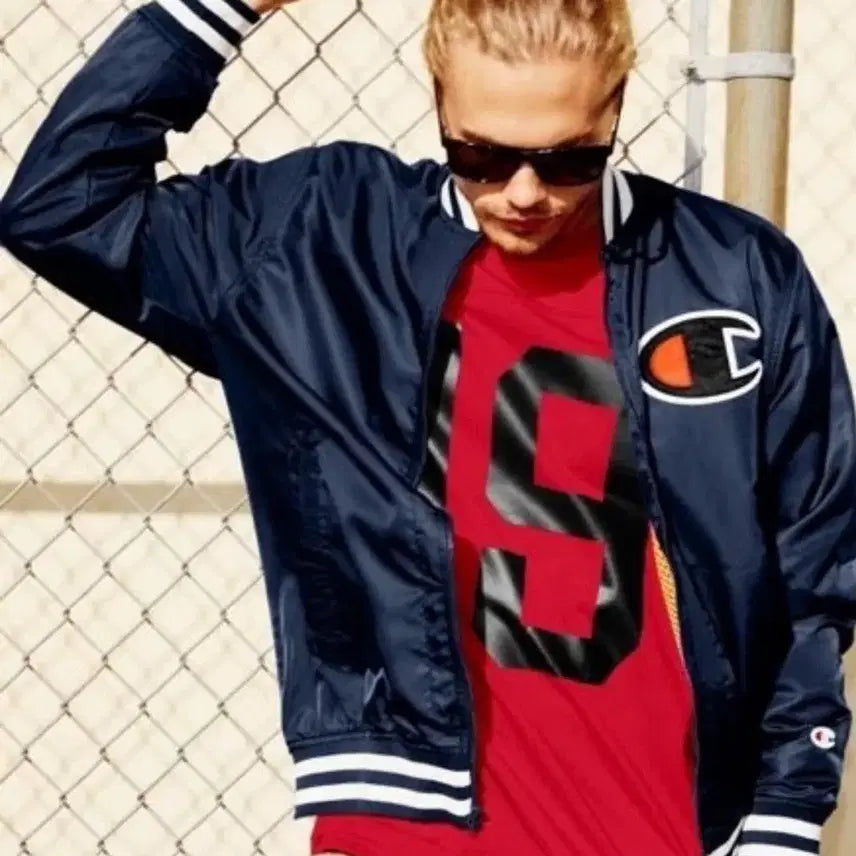 [BUNJANG] Champion Navy Satin Varsity Jacket (Size S) / 챔피온 네이비색 새틴 바시티 빈티지 자켓 S