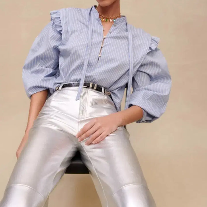 [BUNJANG] Maje Light Blue Stripe Frill Blouse Size 1 / 마쥬 Maje 연블루 스트라이프 프릴 블라우스 1