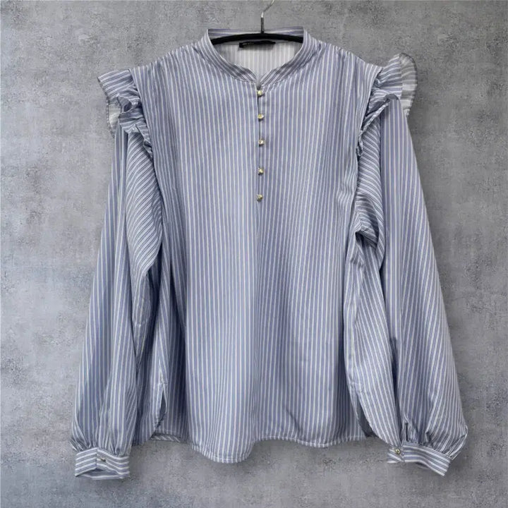 [BUNJANG] Maje Light Blue Stripe Frill Blouse Size 1 / 마쥬 Maje 연블루 스트라이프 프릴 블라우스 1