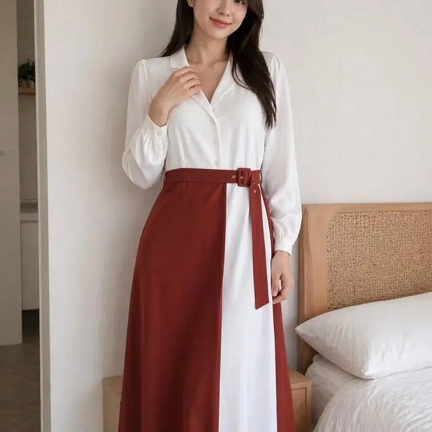 [BUNJANG] Mongts Color Block Shirt Long Dress / 몽츠 화이트/브라운 배색 셔츠 롱 원피스