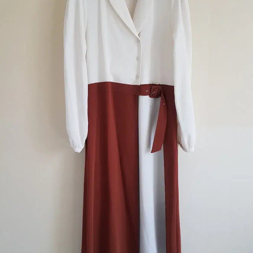 [BUNJANG] Mongts Color Block Shirt Long Dress / 몽츠 화이트/브라운 배색 셔츠 롱 원피스