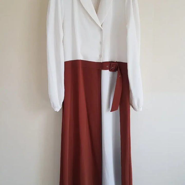 [BUNJANG] Mongts Color Block Shirt Long Dress / 몽츠 화이트/브라운 배색 셔츠 롱 원피스