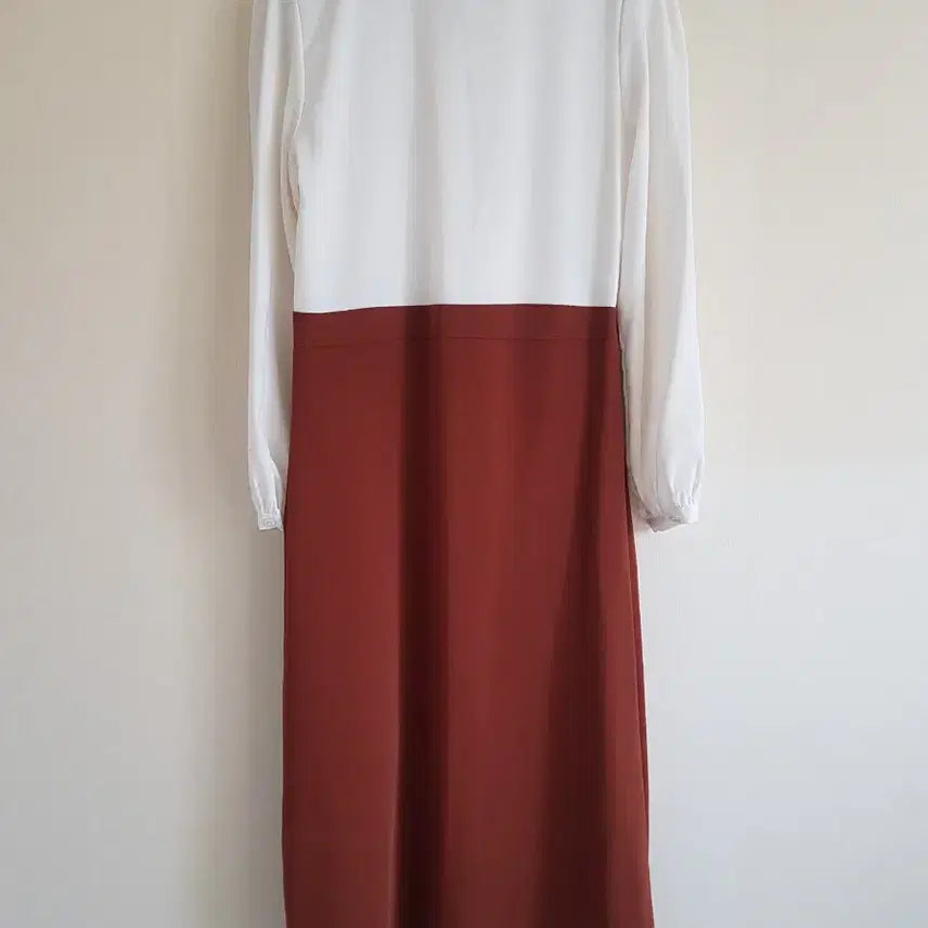 [BUNJANG] Mongts Color Block Shirt Long Dress / 몽츠 화이트/브라운 배색 셔츠 롱 원피스