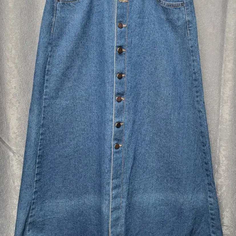 [BUNJANG] A-Line Long Denim Skirt (Medium Blue) / 앞버튼 A라인 중청 롱 데님 스커트