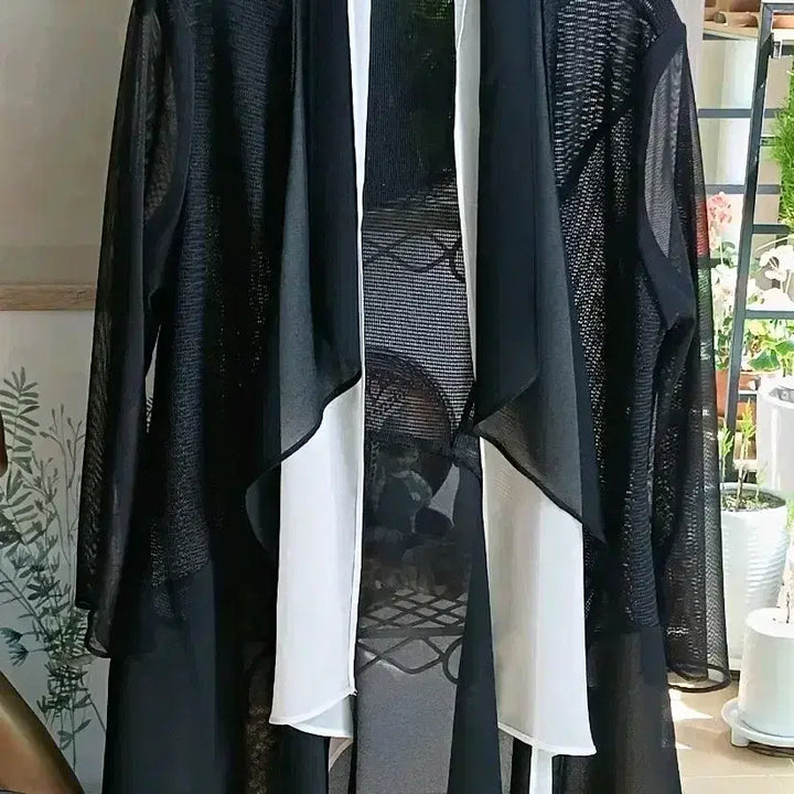 [BUNJANG] Long Cardigan See-through Style Black/White / 블랙/화이트 롱 가디건 시스루 스타일55~66
