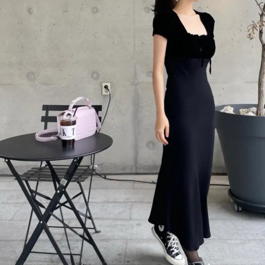 [BUNJANG] Beaming J Black Short-Sleeve Long Dress / 비밍제이 블랙 반팔 원피스