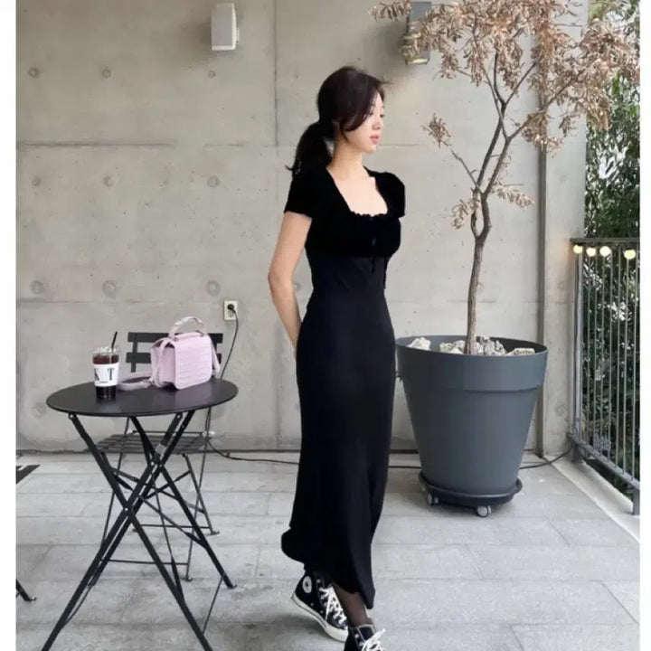 [BUNJANG] Beaming J Black Short-Sleeve Long Dress / 비밍제이 블랙 반팔 원피스