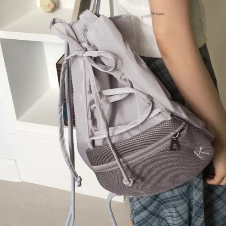 [BUNJANG] Nylon Balletcore Strap Mesh Pocket String Backpack - Lavender Grey / 나일론 발레코어 스트랩 메쉬 포켓 스트링 백팩-라벤더 그레이
