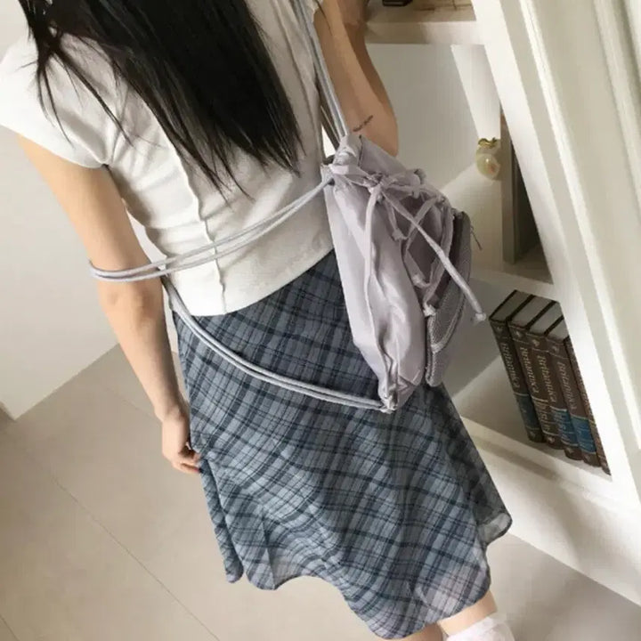 [BUNJANG] Nylon Balletcore Strap Mesh Pocket String Backpack - Lavender Grey / 나일론 발레코어 스트랩 메쉬 포켓 스트링 백팩-라벤더 그레이