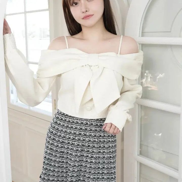 [BUNJANG] Snidel Ribbed Off-Shoulder Top / 스나계 스나이델 립서비스 리본 탑 오프숄더 다리치 미셸마카롱