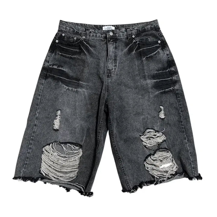 [BUNJANG] Distressed Black Denim Bermuda Shorts / 디스트로이드 블랙 데님 버뮤다팬츠