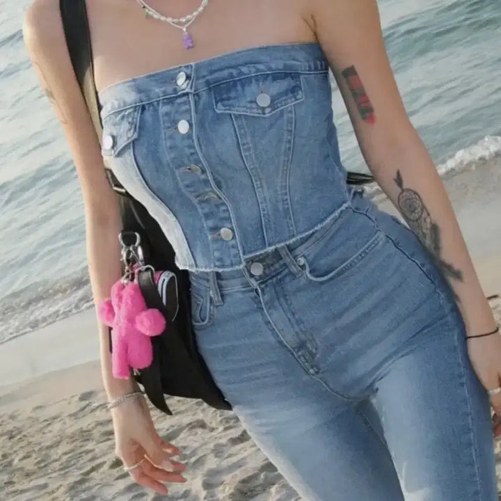 [BUNJANG] Pale Jade Denim Tube Top / 새상품) 페일제이드 데님 튜브탑 1사이즈