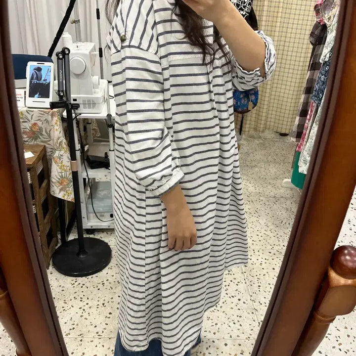 [SOLD OUT] 네이비 마린 스트라이프 핀턱 원피스