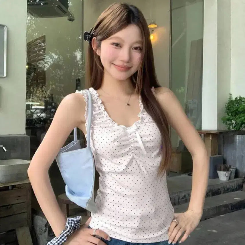 [BUNJANG] Zan Dot Ruched Strap Tank Top / 잔도트 셔링 끈 나시