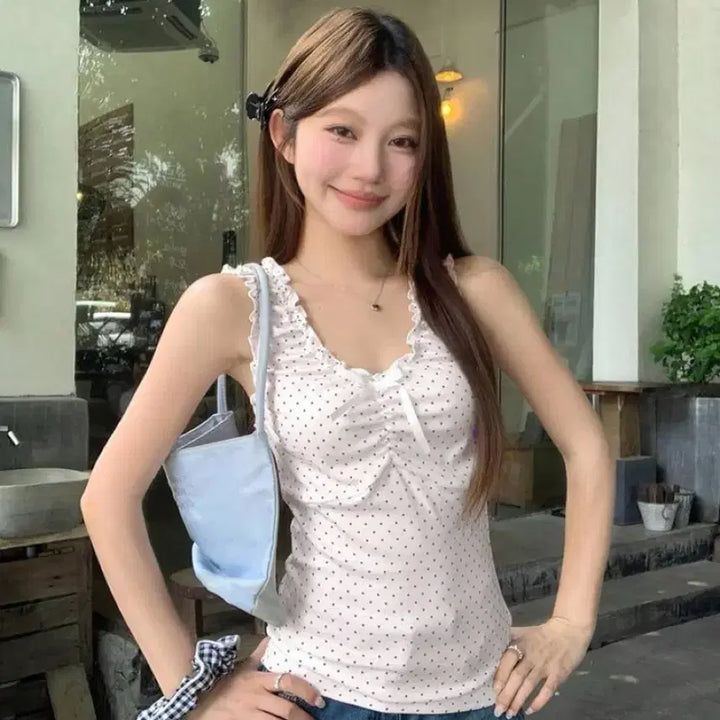 [BUNJANG] Zan Dot Ruched Strap Tank Top / 잔도트 셔링 끈 나시