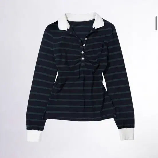 [BUNJANG] Sculptor Shirred Tennis Shirt - Navy/Green Stripe / 스컬프터 셔링 테니스셔츠 네이비/그린 스트라이프