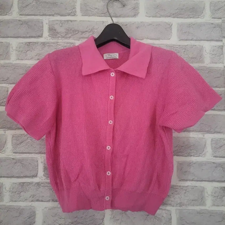 [BUNJANG] Pink Crop Cardigan / 핑크 반팔 카라 니트 크롭가디건/알뜰한여우