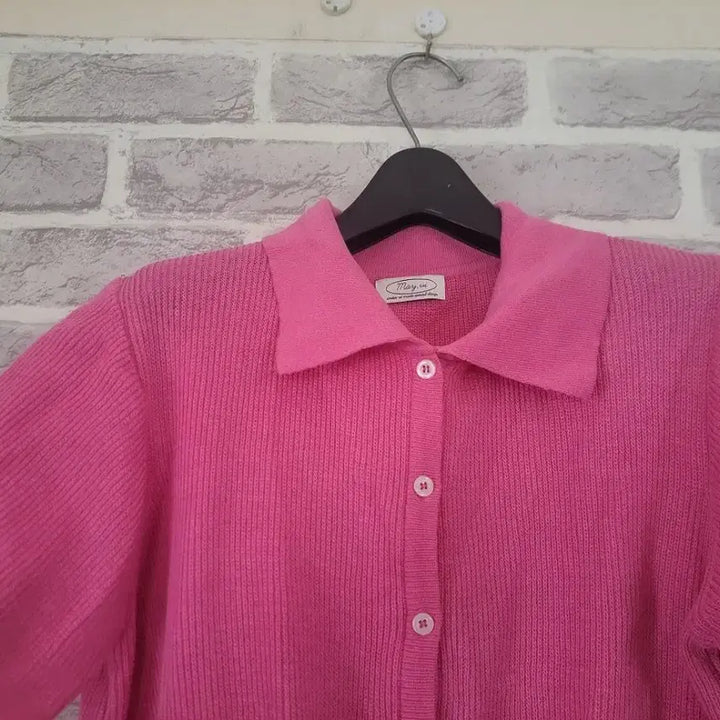 [BUNJANG] Pink Crop Cardigan / 핑크 반팔 카라 니트 크롭가디건/알뜰한여우