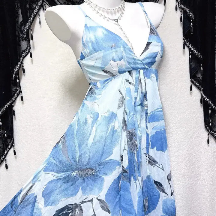 [BUNJANG] Oriental Fairy Floral Chiffon Asymmetrical Mini Dress / 블루 오리엔탈 페어리 플라워 쉬폰 언발 미니원피스 하와이안 갸루 핀터