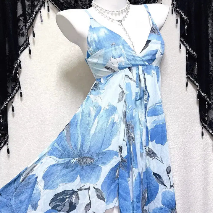 [BUNJANG] Oriental Fairy Floral Chiffon Asymmetrical Mini Dress / 블루 오리엔탈 페어리 플라워 쉬폰 언발 미니원피스 하와이안 갸루 핀터