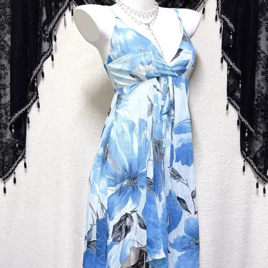 [BUNJANG] Oriental Fairy Floral Chiffon Asymmetrical Mini Dress / 블루 오리엔탈 페어리 플라워 쉬폰 언발 미니원피스 하와이안 갸루 핀터