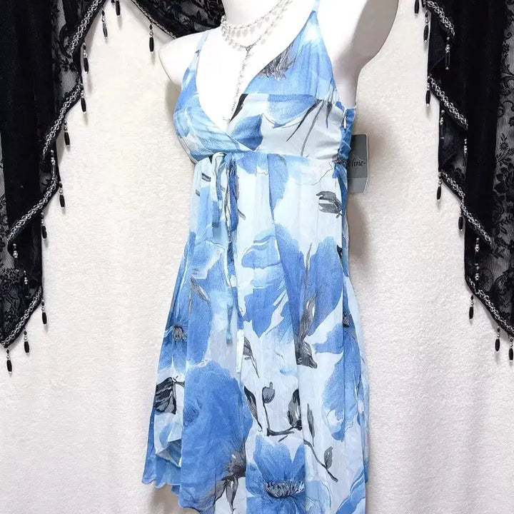 [BUNJANG] Oriental Fairy Floral Chiffon Asymmetrical Mini Dress / 블루 오리엔탈 페어리 플라워 쉬폰 언발 미니원피스 하와이안 갸루 핀터