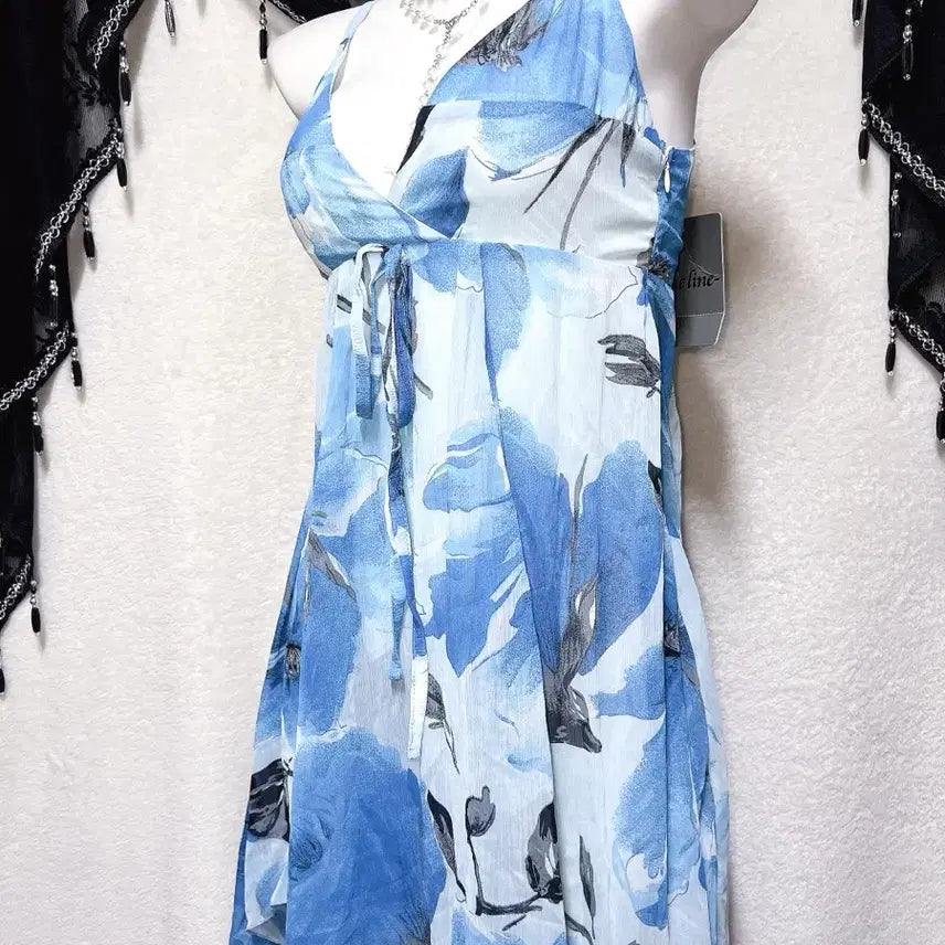 [BUNJANG] Oriental Fairy Floral Chiffon Asymmetrical Mini Dress / 블루 오리엔탈 페어리 플라워 쉬폰 언발 미니원피스 하와이안 갸루 핀터