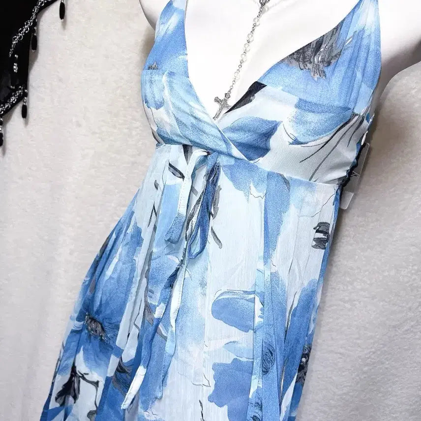 [BUNJANG] Oriental Fairy Floral Chiffon Asymmetrical Mini Dress / 블루 오리엔탈 페어리 플라워 쉬폰 언발 미니원피스 하와이안 갸루 핀터