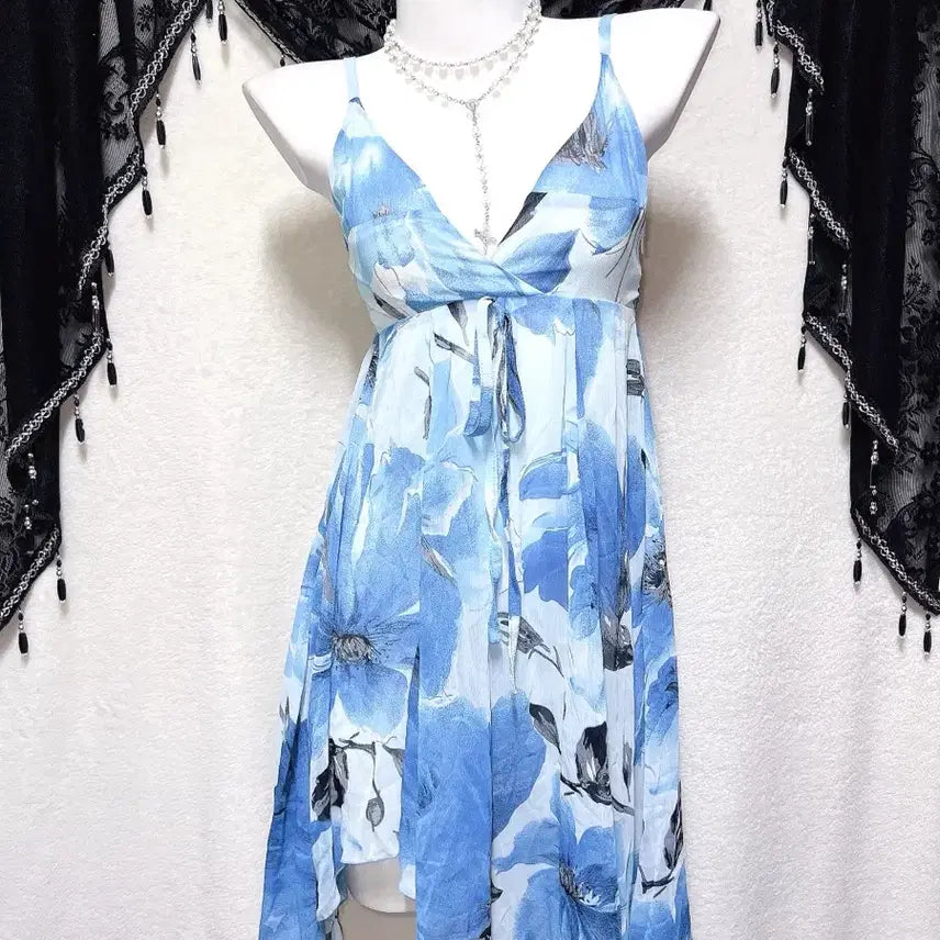 [BUNJANG] Oriental Fairy Floral Chiffon Asymmetrical Mini Dress / 블루 오리엔탈 페어리 플라워 쉬폰 언발 미니원피스 하와이안 갸루 핀터