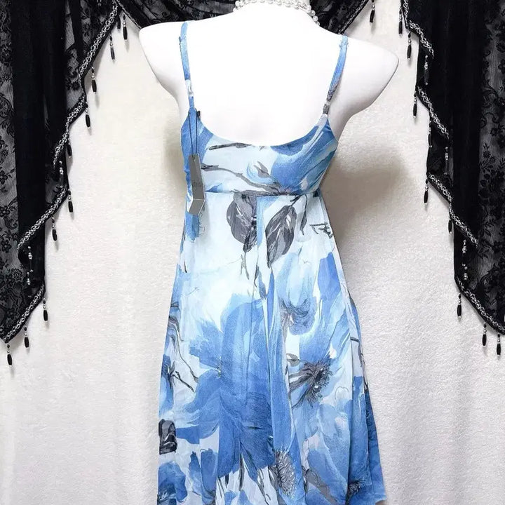 [BUNJANG] Oriental Fairy Floral Chiffon Asymmetrical Mini Dress / 블루 오리엔탈 페어리 플라워 쉬폰 언발 미니원피스 하와이안 갸루 핀터