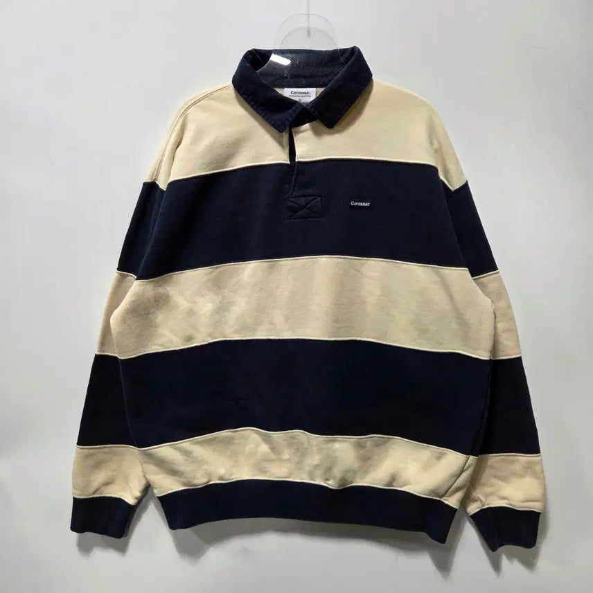 [BUNJANG] Covernat Stripe Rugby Collar Sweatshirt / 커버낫 스트라이프 럭비 카라 맨투맨 L 26042408