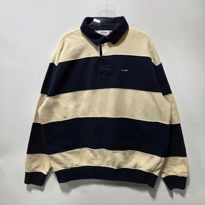 [BUNJANG] Covernat Stripe Rugby Collar Sweatshirt / 커버낫 스트라이프 럭비 카라 맨투맨 L 26042408