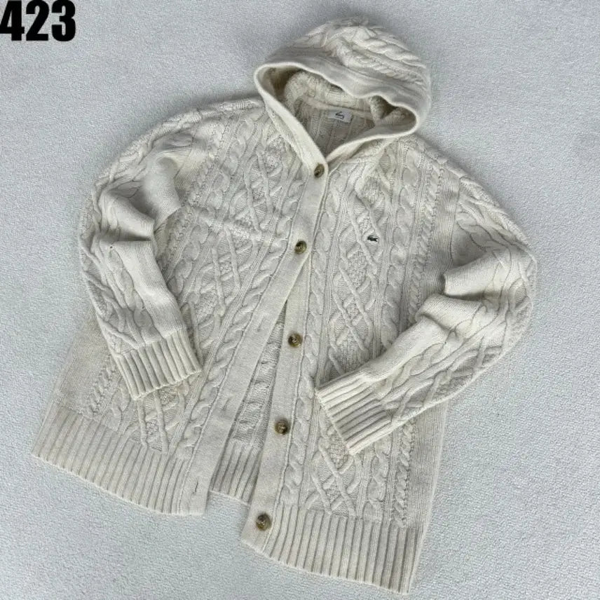 [BUNJANG] Lacoste Cable Knit Cardigan Ivory L / 라코스테 후드 케이블 니트 가디건 아이보리 L