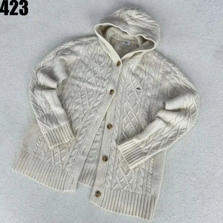 [BUNJANG] Lacoste Cable Knit Cardigan Ivory L / 라코스테 후드 케이블 니트 가디건 아이보리 L
