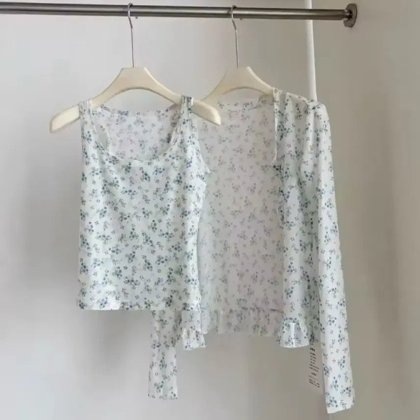 [BUNJANG] Floral See-Through Cardigan &amp; Tank Top Set / 플라워 시스루 가디건 + 나시 세트 / 데일리 캐주얼 러블리 빈티지 y2