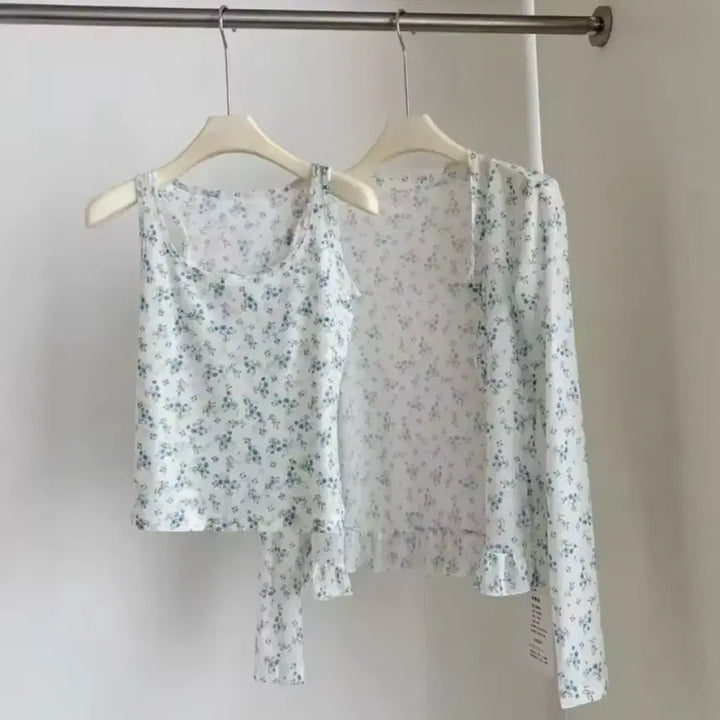[BUNJANG] Floral See-Through Cardigan &amp; Tank Top Set / 플라워 시스루 가디건 + 나시 세트 / 데일리 캐주얼 러블리 빈티지 y2