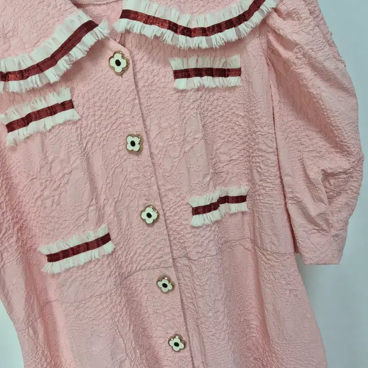 [SOLD OUT] 핑크색 카라넥 플라워버튼 롱 원피스