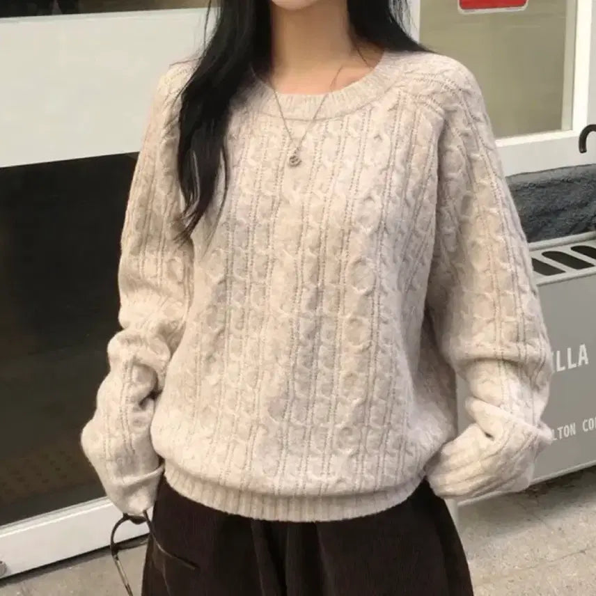 [BUNJANG] 에이블리 꽈배기 라운드 울 니트 베이지 S / 에이블리 꽈배기 라운드 울 니트 베이지 S