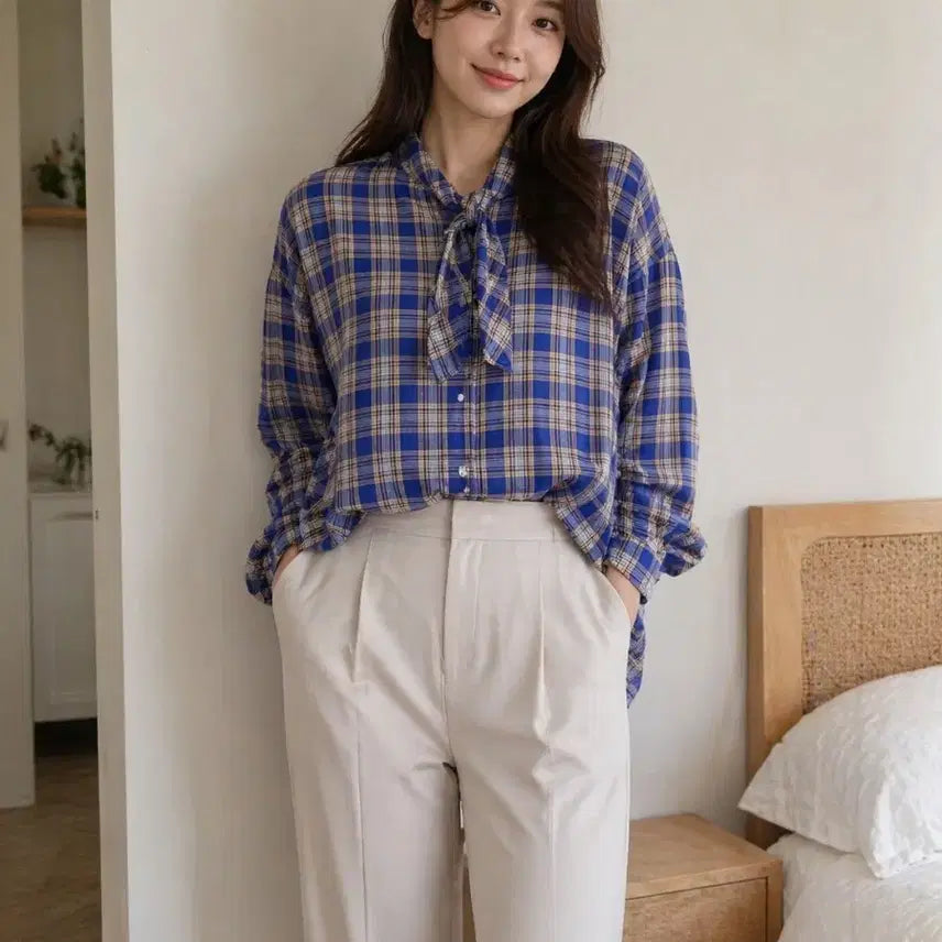 [BUNJANG] 몬츠 블루 체크 리본 블라우스 / 몬츠 블루 체크 리본 블라우스