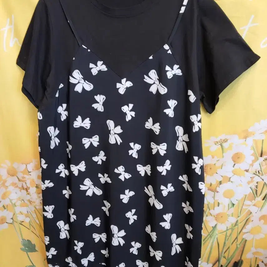 [BUNJANG] Black Ribbon Pattern Long Dress / 리본 패턴 블랙 롱 원피스