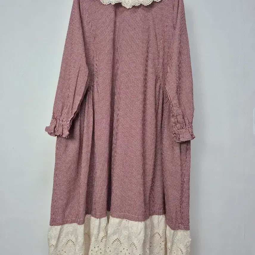 [SOLD OUT] 체크 깅엄 레이스 카라 롱 원피스