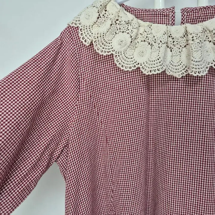 [SOLD OUT] 체크 깅엄 레이스 카라 롱 원피스