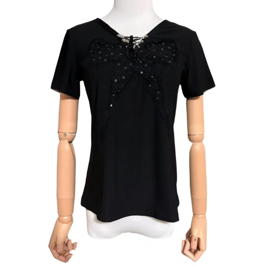 [BUNJANG] Japanese Gothic Punk Ribbon Patch Sequin Layered V-neck Short Sleeve Top / 일본 고딕 펑크 리본 패치 스팽글 레이어드 브이넥 반팔
