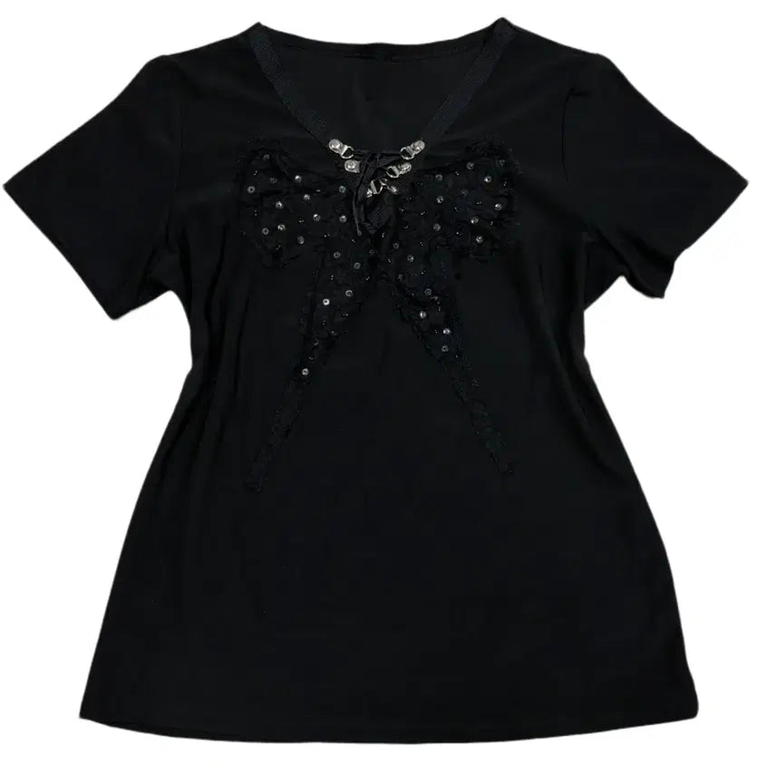 [BUNJANG] Japanese Gothic Punk Ribbon Patch Sequin Layered V-neck Short Sleeve Top / 일본 고딕 펑크 리본 패치 스팽글 레이어드 브이넥 반팔